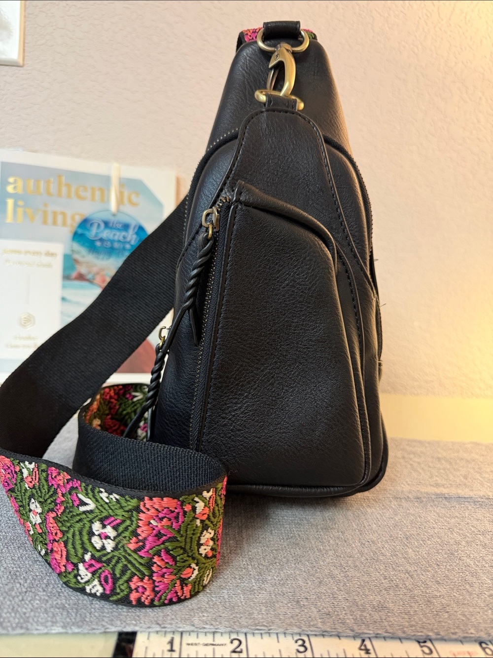 Antik Kraft Black Crossbody Bag with Floral Embroidered Strap